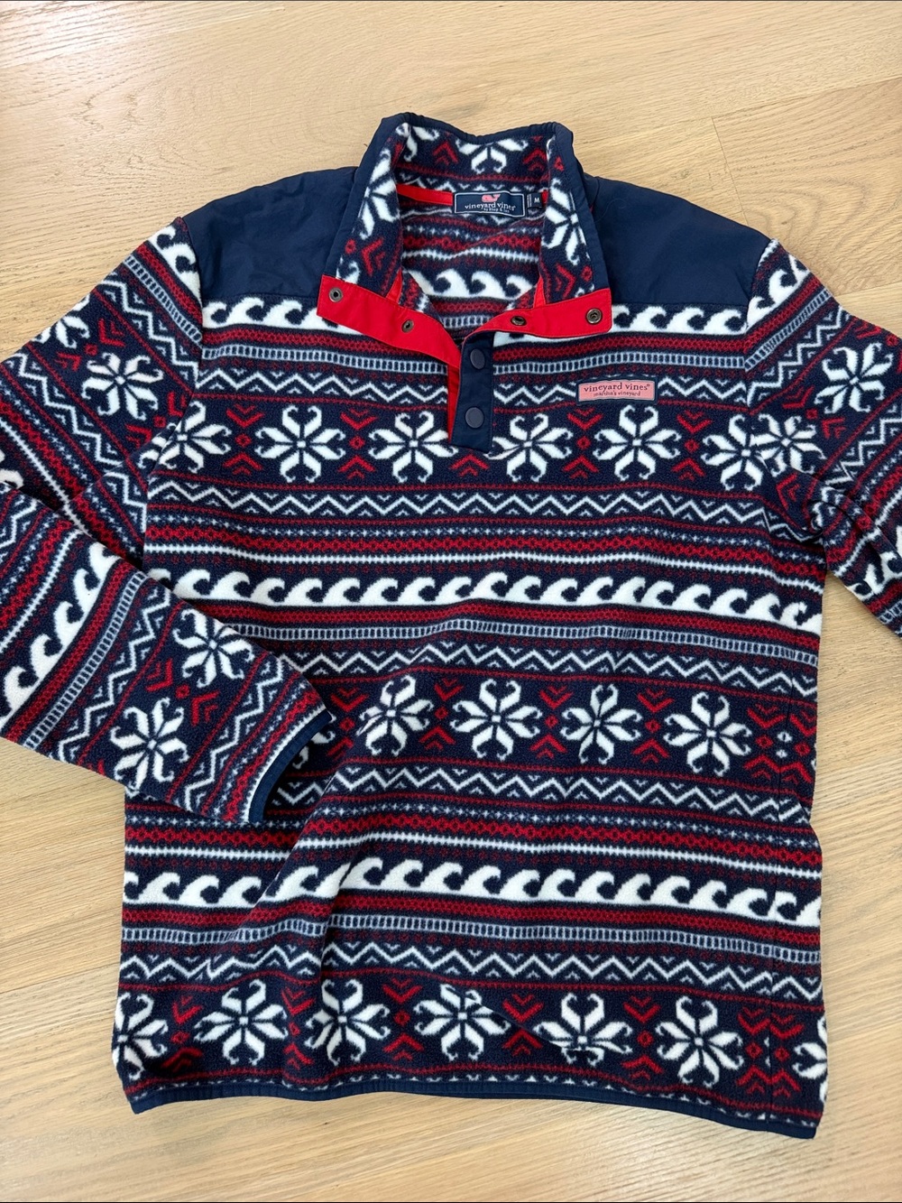 Vineyard Vines Fair Isle Fleece Snap Pullover Navy Red Wave Snowflake Medium